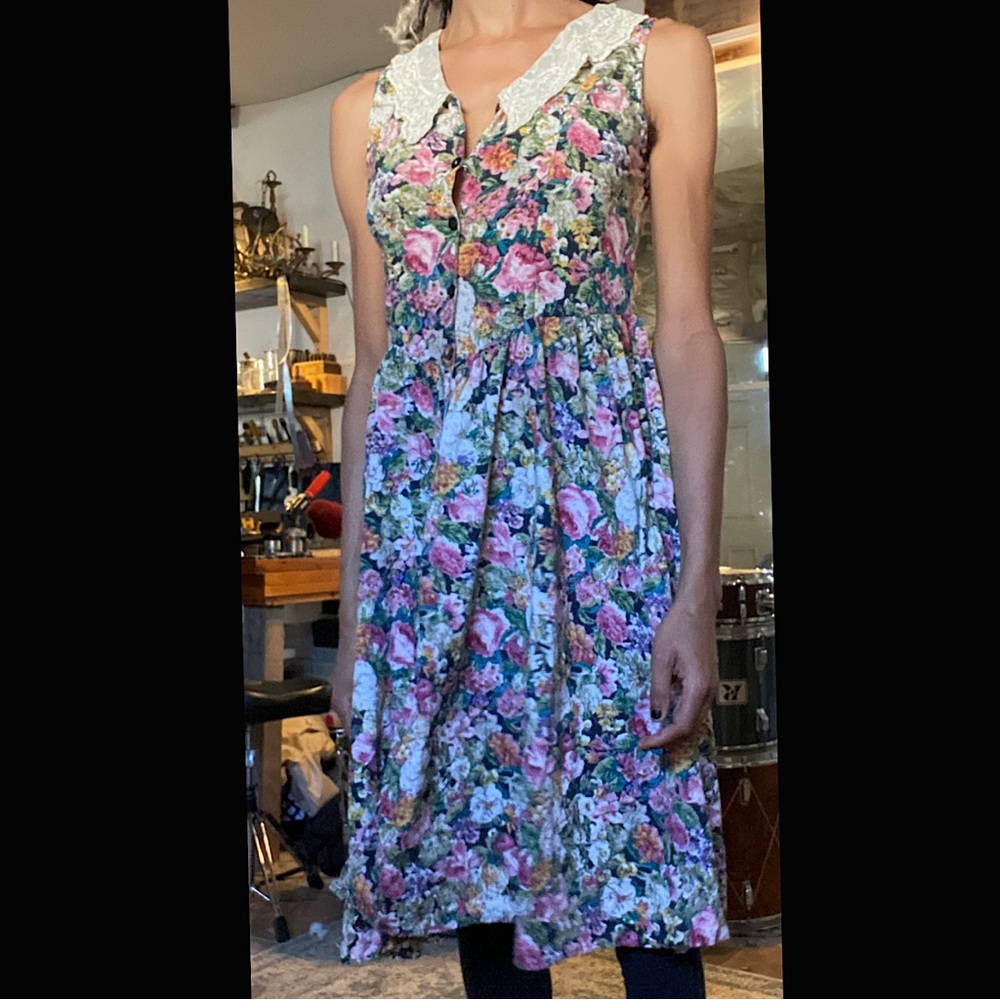 PHOOL  70s Vintage Lace Collar Floral Button Down Sleeveless Dress Size L